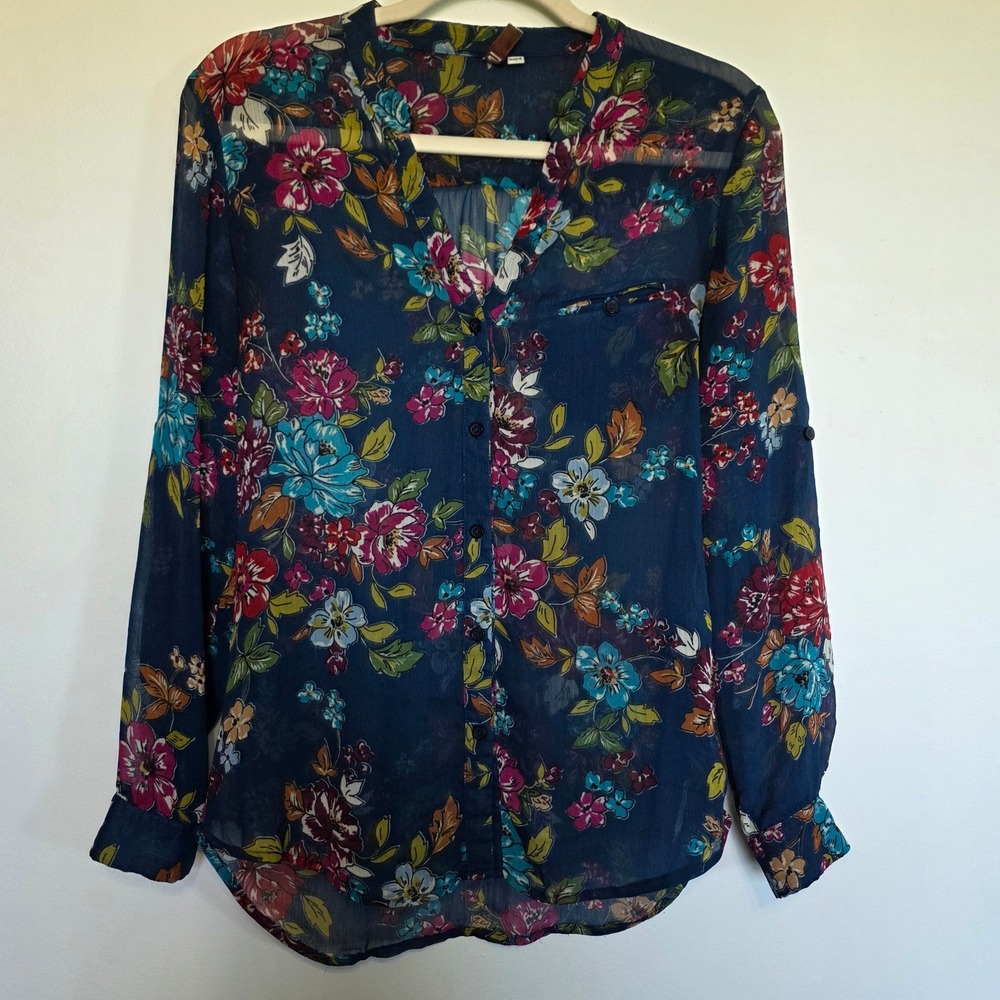 KUT from the Kloth Floral Roll Tab Sleeve Chiffon Blouse Navy Blue Small Boho